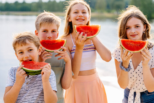 Four happy different age children enjoy watermelon having picnic at summer sunny day at nature.