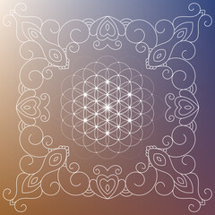 Flower of life sacred geometry zentangle inspired design template with oriental tribal ornaments. Ornamental new age art.