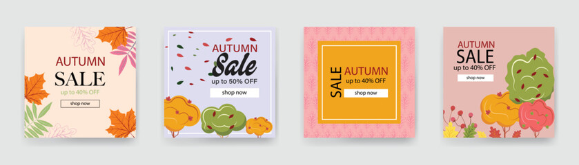 Square sale templates with autumn elements for cards, banners, vouchers, advertisements. Autumn illustrations in flat cartoon style. 