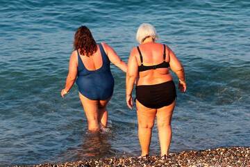 Two adult plus size women on a beach