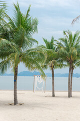 Obraz premium Beautiful wedding decorations along sandy beach with palm trees and mountains background in Ha Long Bay, Quang Ninh, Vietnam