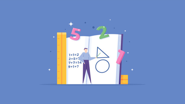 private lessons, courses, training in mathematics lessons. a teacher explains and teaches how to count based on books. education. flat cartoon illustrations. vector concept design