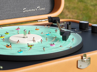 people swim in the pool in the form of a vinyl player 3D render