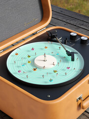 people swim in the pool in the form of a vinyl player 3D render