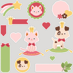 Little princess digital stickers set. Cute collection of kitten princess, and puppy prince. Tags and labels for kids. Ready to use digital stickers for children.