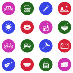 Picnic Day Icons. White Flat Design In Circle. Vector Illustration.