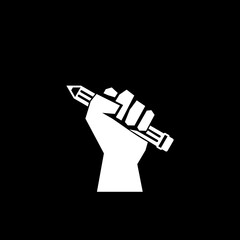 Human hand holding pen icon isolated on dark background