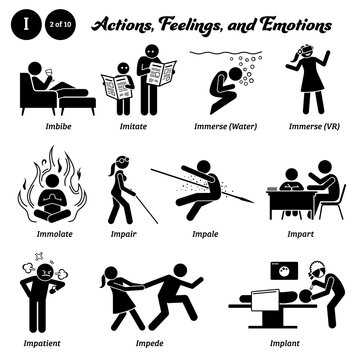 Stick figure human people man action, feelings, and emotions icons alphabet I. Imbibe, imitate, immerse water, immerse VR, immolate, impair, impale, impart, impatient, impede, and implant.