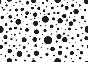 Black polka dot circular random seamless pattern on white background. Absract design circle shapes black spot print on white backdrop. Simple speckle endless texture. Vector illutration.