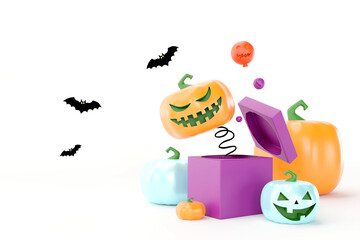 Design for the Halloween Holiday. A frightening pumpkin head appears. Open the gift boxes. A realistic 3D pumpkin with frightening smiles on his face. Web banner, poster for a party, advertising broch