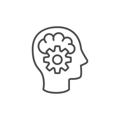 Thinking icon in line style. Editable stroke. Black isolated outline icon of head of man and cogwheel on white background. Line icon of head and gear wheel.