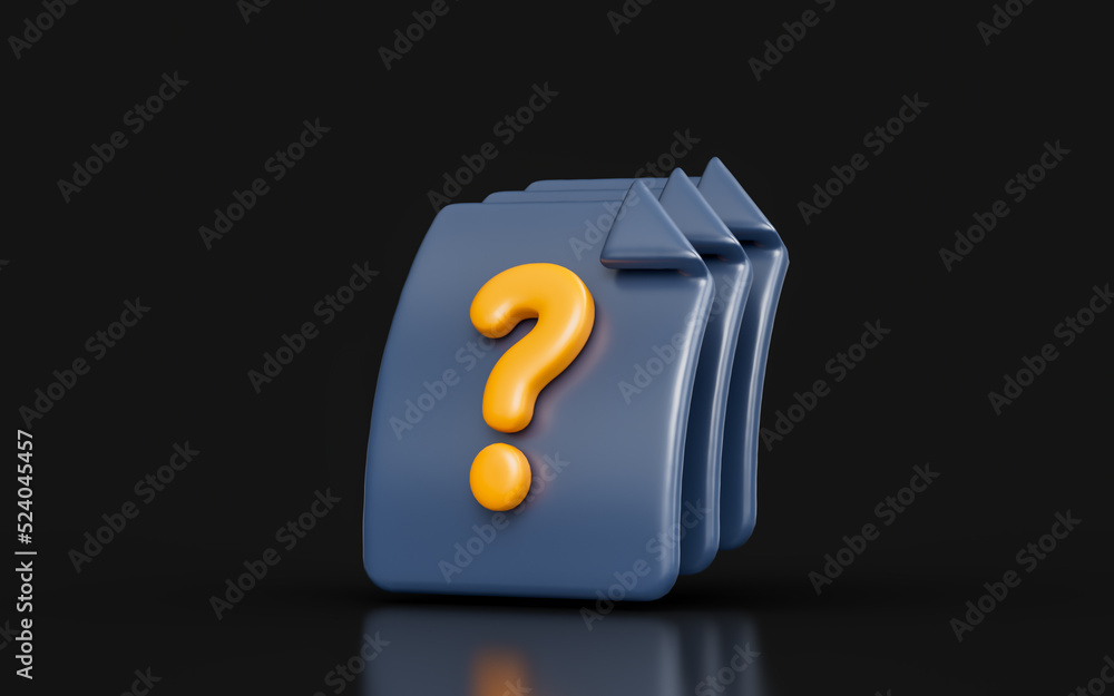 Poster document question mark sign on dark background 3d render concept for exam paperwork