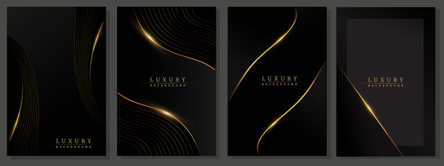 Luxury gold and black covers. Modern design, wavy gold  lines and shiny on gradient dark background. Elegant pattern for business, deluxe events, invitations. - obrazy, fototapety, plakaty