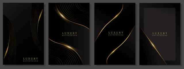 Fotobehang Luxury gold and black covers. Modern design, wavy gold  lines and shiny on gradient dark background. Elegant pattern for business, deluxe events, invitations. © Pamela Ranya
