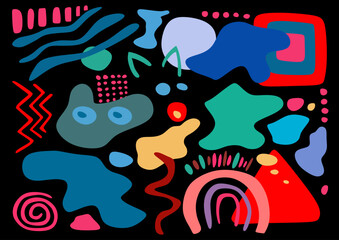 Big abstract set of hand drawn various shapes and doodle objects on black background. Colorful shapes.