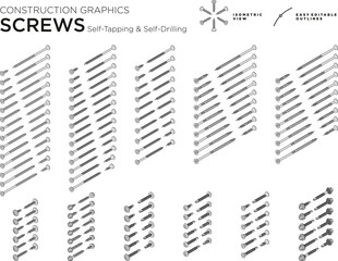 Screws, Self-Tapping, Self-Drilling fasteners. Easy editable outline graphics. Isometric view