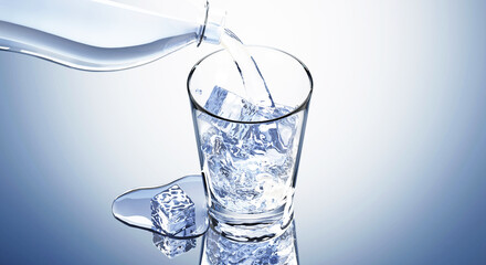 3D Pouring drinking water liquid splashing flow few bubble and some cube ice in fresh clean and clear transparent white glass on shiny gradient dark blue background