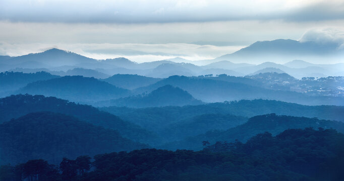 Beautiful panoramic view of mountain range in Lam Dong province, Vietnam
