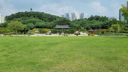 Impressive park with green lawn and traditional style on a sunny day