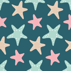 Fototapeta na wymiar Pastel starfish on dark background seamless pattern for design illustration