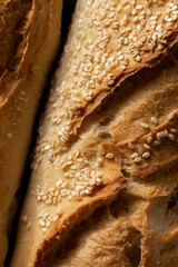 Close up of french crusty baguette, bread bakery themes