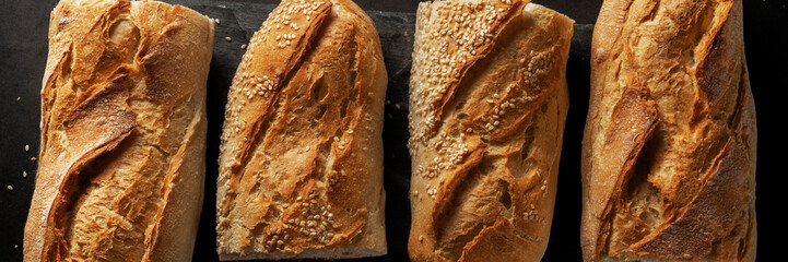 Close up of french crusty baguette, bread bakery themes