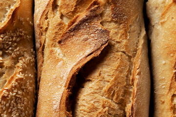 Close up of french crusty baguette, bread bakery themes