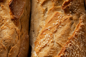 Close up of french crusty baguette, bread bakery themes