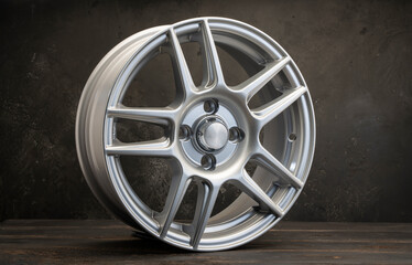 new grey alloy wheels on a dark textured black background. a wheel for a car