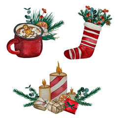 Watercolor Christmas composition. A mug of cocoa, a sock for New Year's gifts, a candle on the Christmas table
