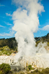 geothermal volcanic park with geysers and hot streams, scenic landscape, te piua national park, rotorua, new zealand