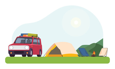 Fototapeta premium Cars, tents, campfires and outdoor picnic equipment settled in the forest Travel and camping adventures