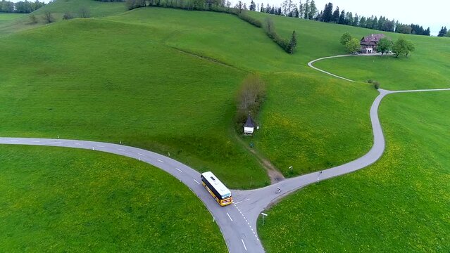 Aerial View Transportation Post Bus in Suburban Village Switzerland