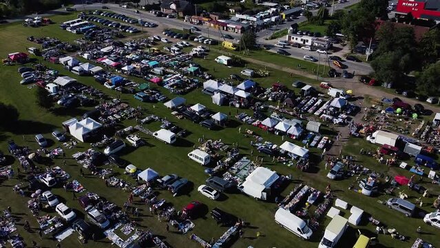 Aerial Drone Shot Of Car Boot Market In Europe.