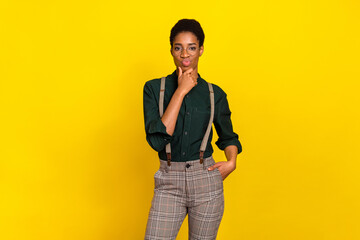 Portrait of attractive minded woman overthinking making decision pout lips isolated over bright...