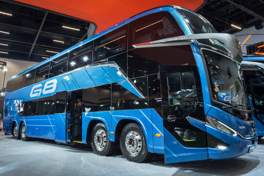 Marcopolo Paradiso G8 1800 DD Volvo B450R on display at the LAT.BUS 2022 fair, held in the city of S&atilde;o Paulo.