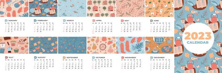 2023 calendar with 12 months. Vertical design template. Four seasons nature cute cozy patterns. Natural mood. Vector illustration in flat cartoon style. Week starting on sunday.