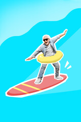 Photo artwork minimal picture of funny funky man wear circle riding surf board isolated drawing background