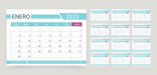 Calendar 2023 year. Spanish planner template. Week starts Monday. Desk schedule grid. Yearly corporate organizer. Calender layout. Horizontal monthly diary with 12 month. Vector simple illustration