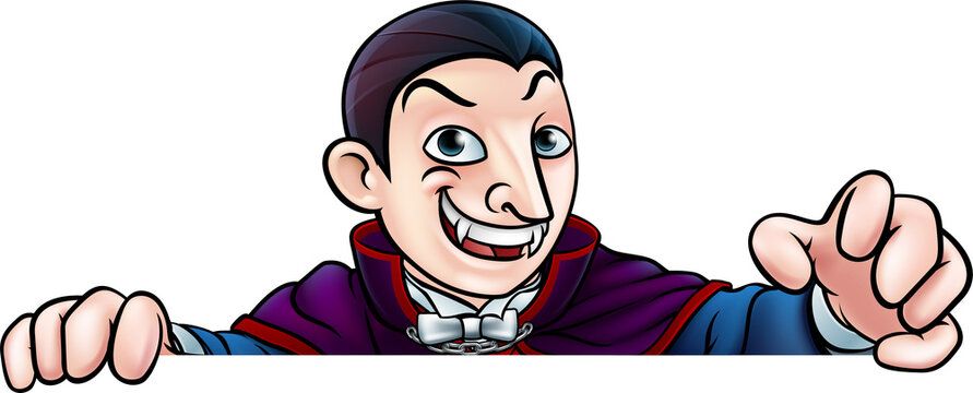 cartoon vampire pointing, purple cape, smiling clip art preview