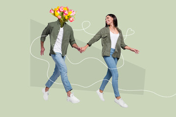 Composite collage portrait of two happy people hold arms running tulips flowers instead head isolated on painted background