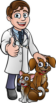 Vet Cartoon Character with Pet Cat and Dog