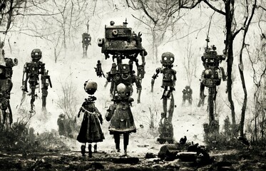 子供の人形と古いロボット