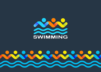 Swimming logo and border design on dark blue background. Vector