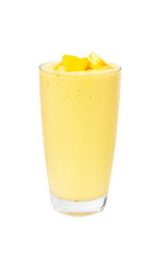 Fresh Mango ripe organic yellow smoothie honey mix with Straw in plastic glass, Garnish. Ripe...