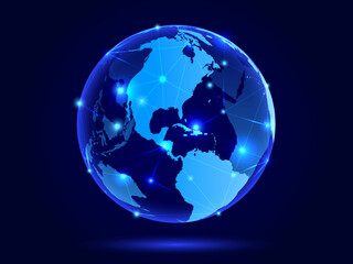 3D Map of the planet. World map. Global social network. Future. Blue futuristic background with planet Earth. Internet and technology. 