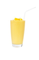 Naklejka na ściany i meble Fresh Mango ripe organic yellow smoothie honey mix with Straw in glass, Garnish. Ripe mangoes are popular all over world. Perfect for summer drink. Healthy food. 