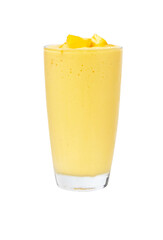 Fresh Mango ripe organic yellow smoothie honey mix with Straw in  glass, Garnish. Ripe mangoes are...