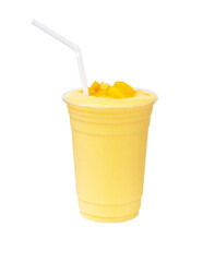Fresh Mango ripe organic yellow smoothie honey mix with Straw in plastic glass, Garnish. Ripe mangoes are popular all over world. Perfect for summer drink. Healthy food. 