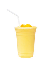 Fresh Mango ripe organic yellow smoothie honey mix with Straw in plastic glass, Garnish. Ripe mangoes are popular all over world. Perfect for summer drink. Healthy food.